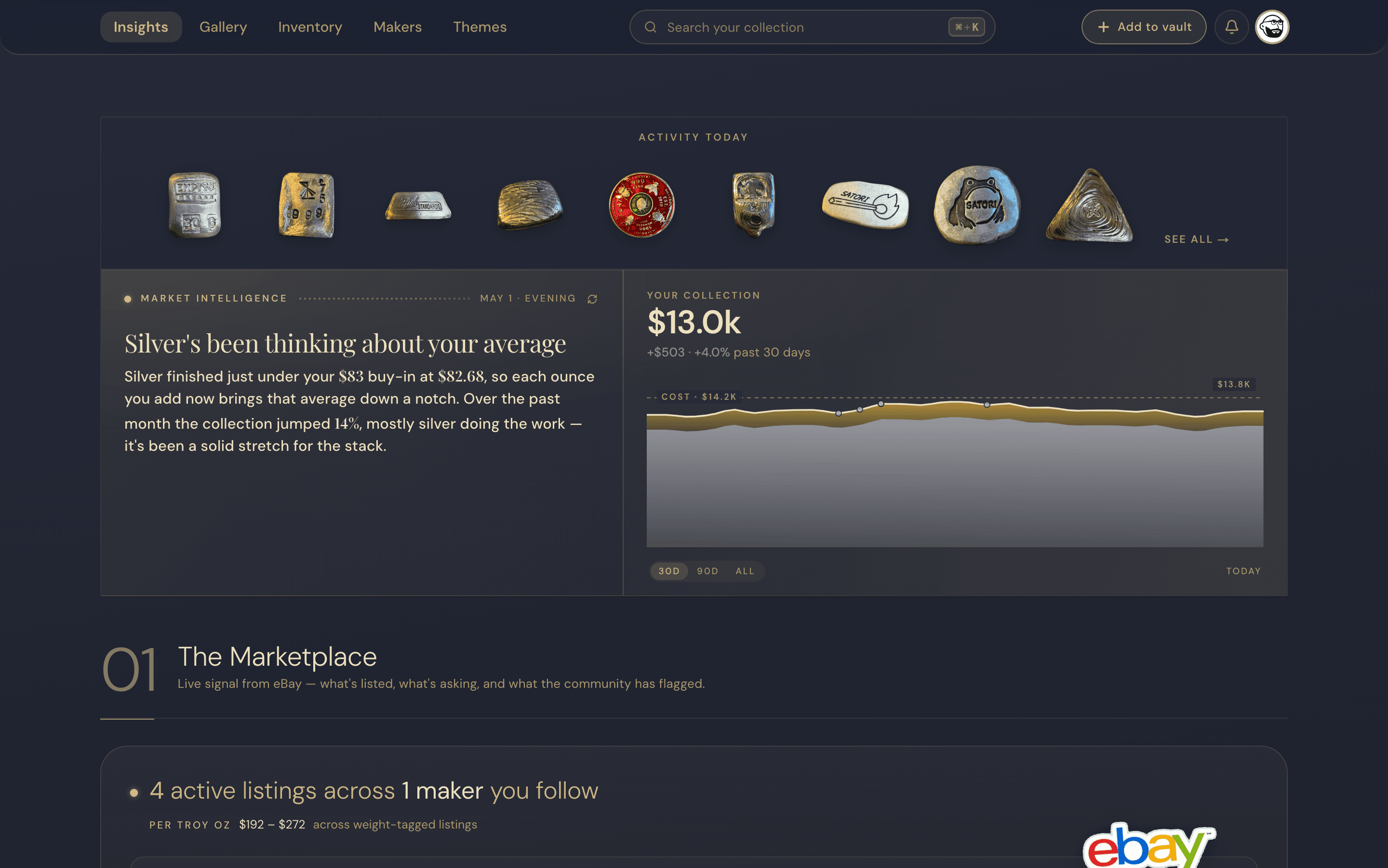 Insights view with live spot prices, value history, and live eBay comps